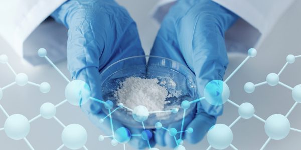science, chemistry, biology, medicine and people concept - close up of scientist hands holding petri dish with powder in clinical laboratory